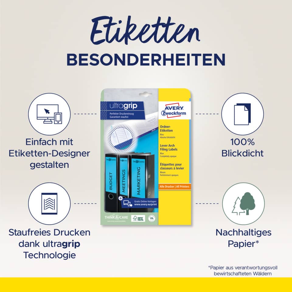 Etiketten, Druckeretiketten, ultragrip, Avery, Papier