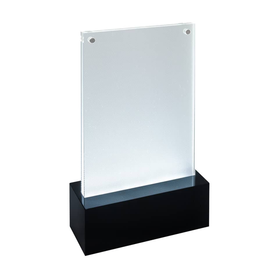 glanzendes Panel, Acrylplatte, Standplakette, schwarzer Sockel, transparentes Blatt