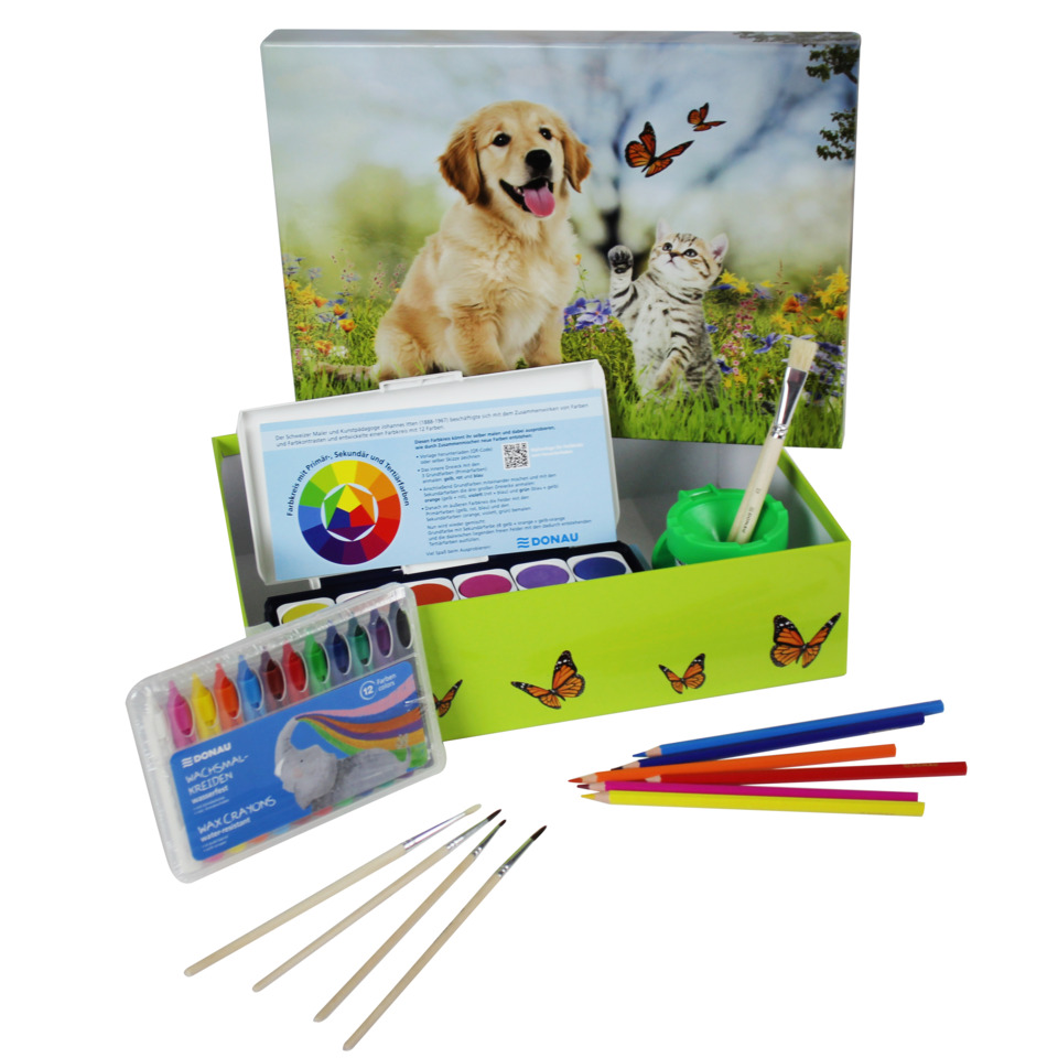 Kinderkunstset, Malkasten, Wasserfarben, Pinselset, Buntstifte