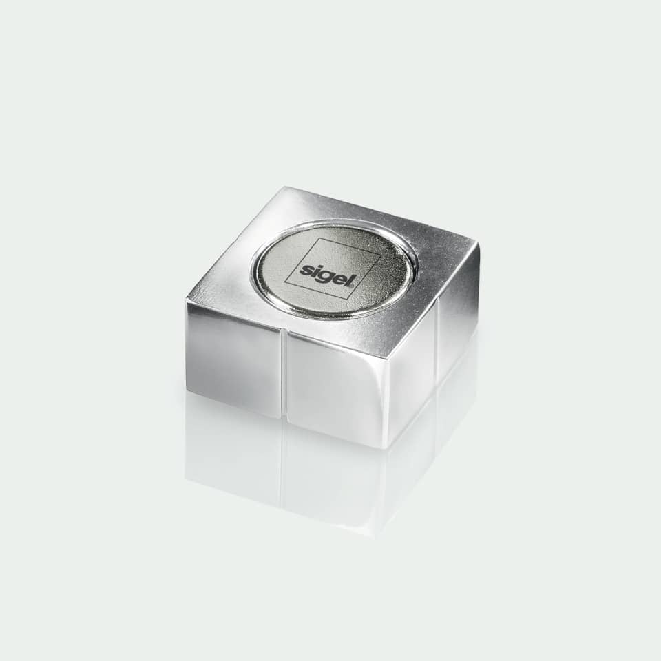würfel, metall, silber, kugelrand, sigel-etikett