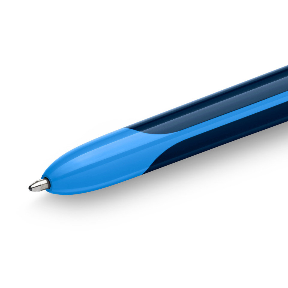 blue pen, ballpoint, metal tip, plastic body, two-tone blue