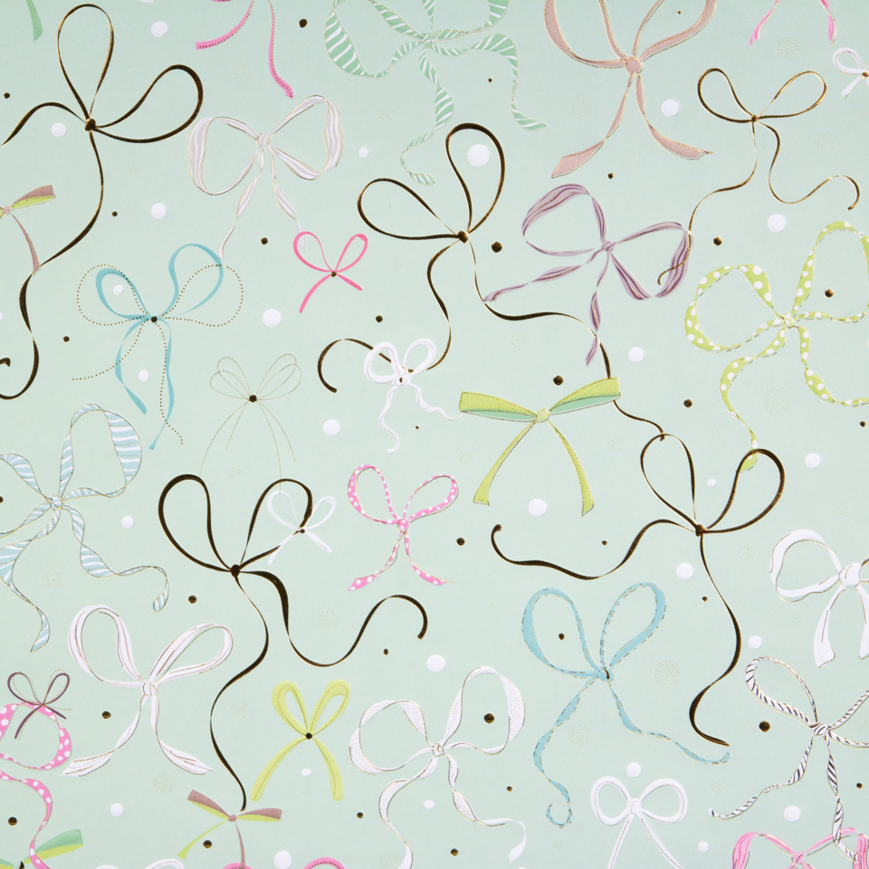 Geschenkpapier, Wickelband-Muster, Schleifen, Punktemuster, Pastellgrün