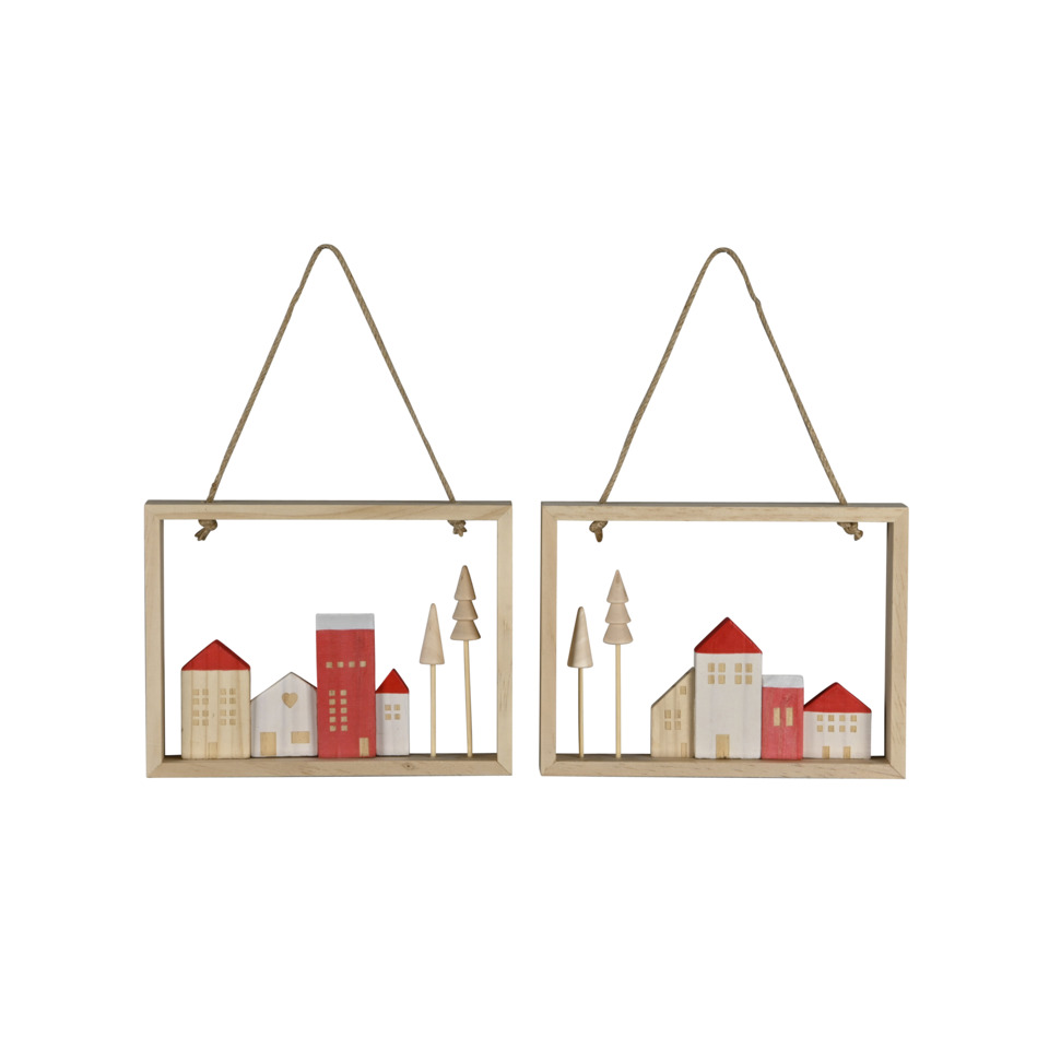 holzrahmen, hängebild, kleine stadt, holzfiguren, minimalistisch