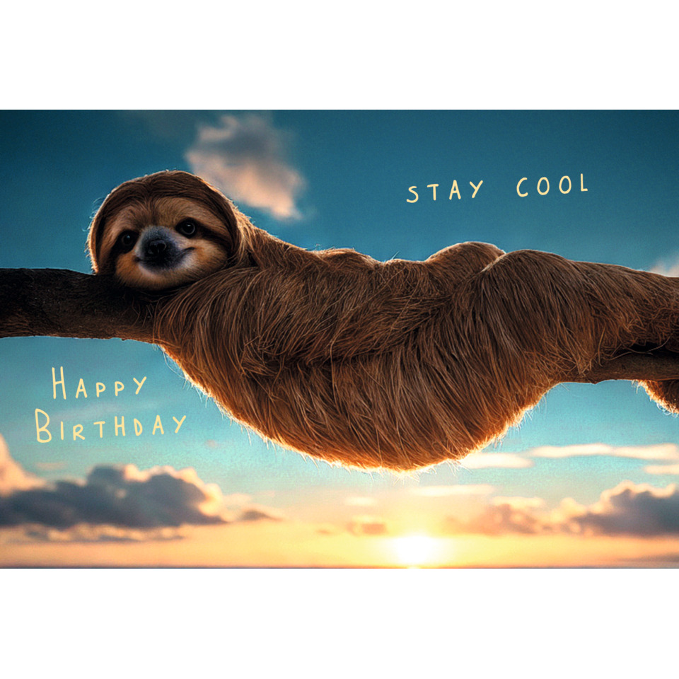 Faultier, braunes Fell, hängend, Sonnenuntergang, Geburtstagskarte