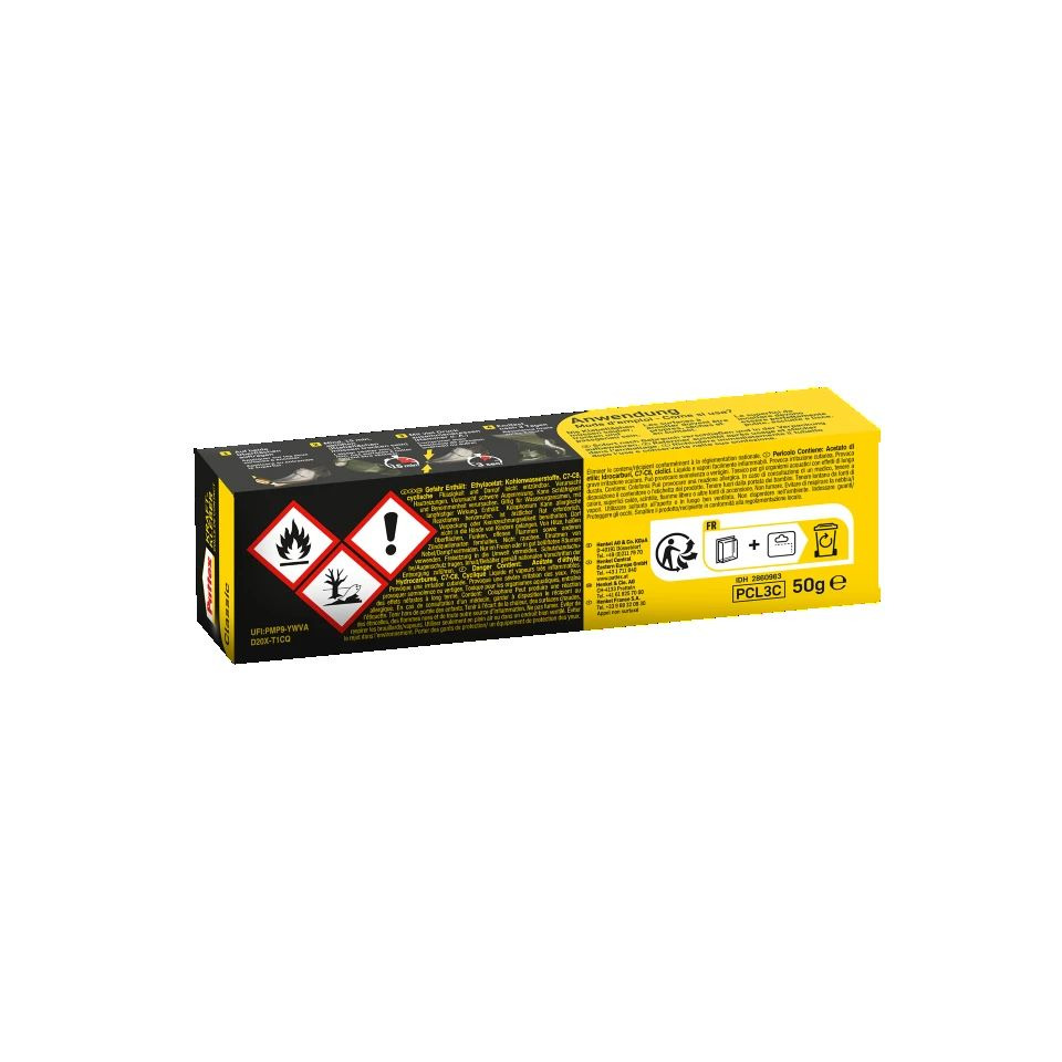 kleines Verpackungsdesign, Gelb-Schwarz Verpackung, Warnhinweise, Icons/Symbole, 50 g