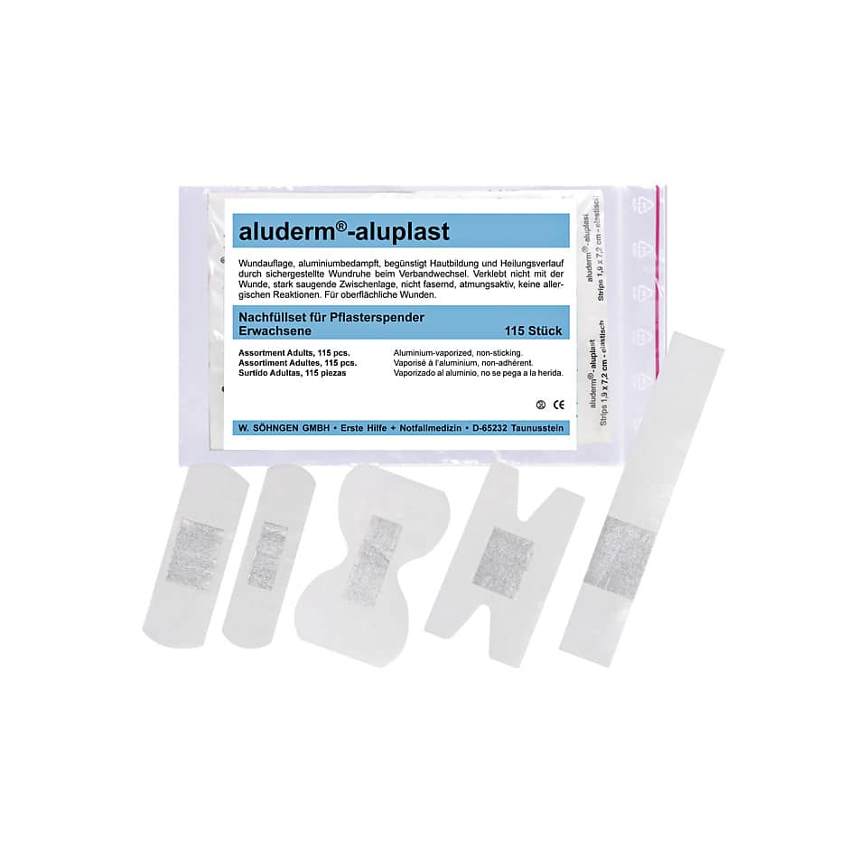 Wound dressing, Bandage, Aluminium-backed, Sterile strips, 115 pieces