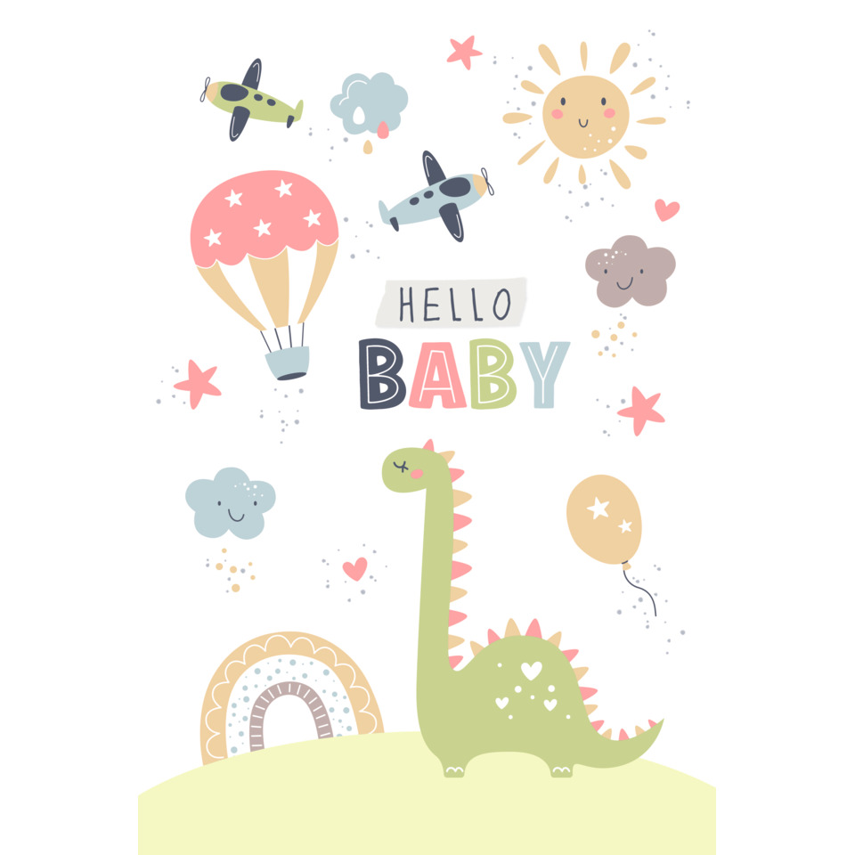 Baby, Dinosaurier, Ballon, Flugzeug, Sonne, Wolke, Sterne, Regenbogen, Heißluftballon, Pastell