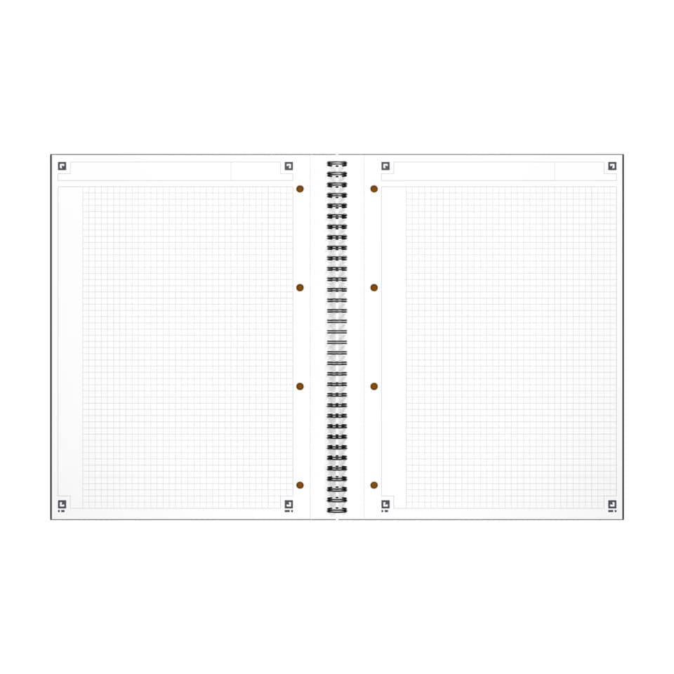 spiral-bound notebook, ring binder, grid pages, two-page spread, grid pages