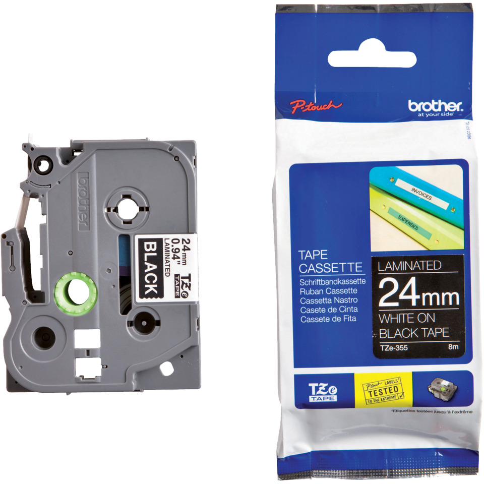 Schriftband, TZe-355, 24 mm breit / 8 m lang, weiß auf schwarz, laminiert BROTHER TZE355