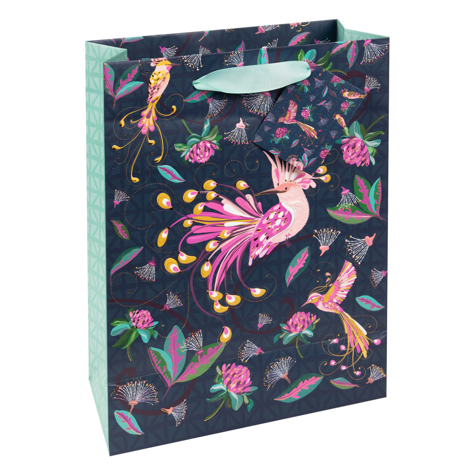 Geschenkverpackung, Geschenktüte, Pfauendesign, florales Muster, dunkles Blau