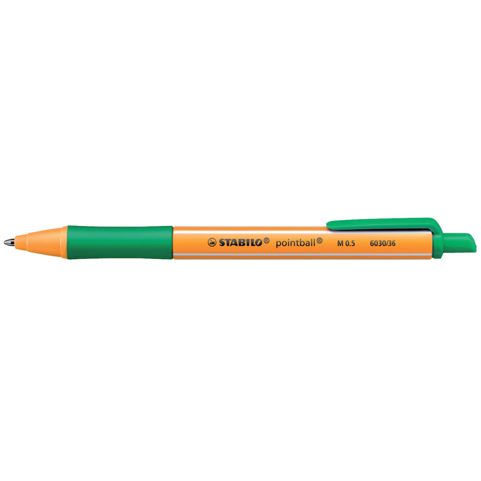 stabilo, pointball, rollenkugelschreiber, orangener stift, grüner clip