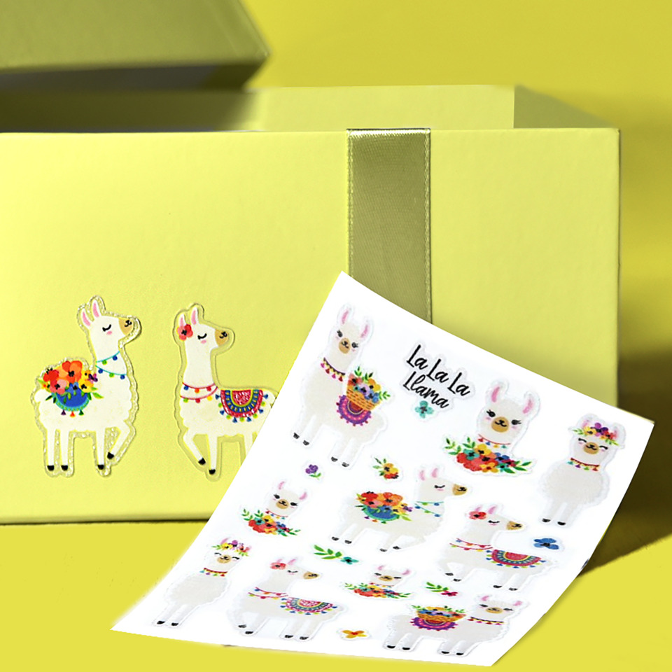 Lama Sticker, Lama Stickerbogen, Papptapete, Gelbe Box, Dekosticker