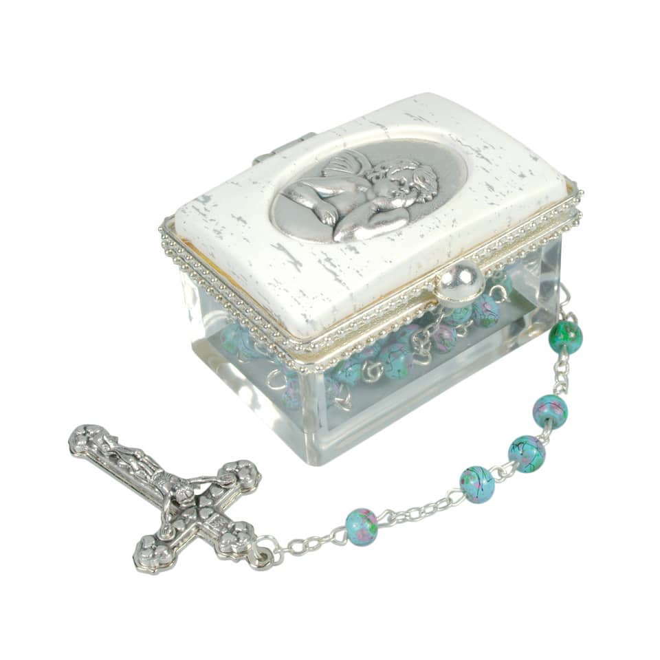 Box, Rosenkranz, Kruzifix, Perlen, Silber
