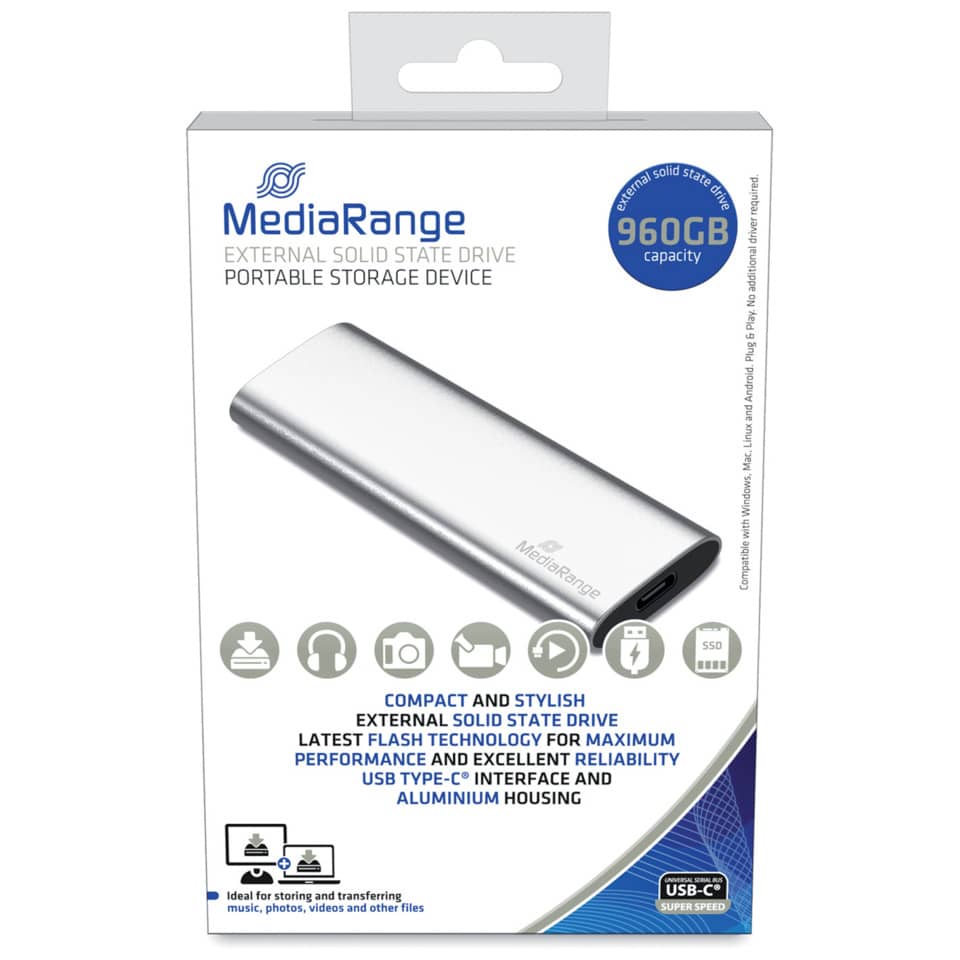externaler SSD, portabler Speicher, 960GB, Aluminiumgehäuse, USB-C Anschluss