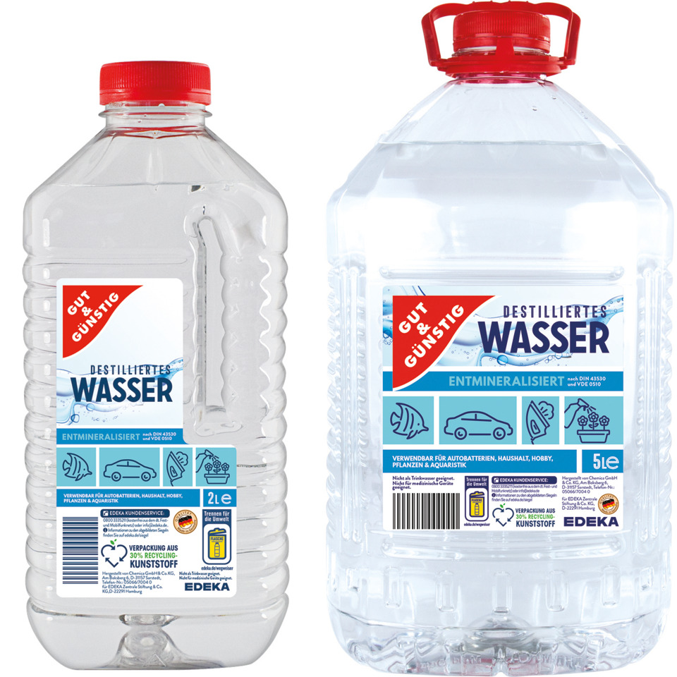 Wasser, Destilliertes Wasser, Kunststoffflasche, 5 Liter, Entmineralisiert