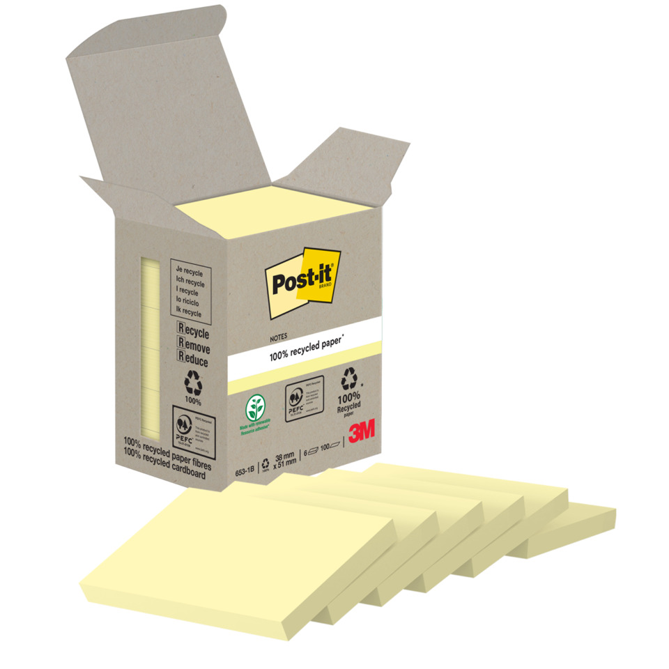 Post-it Box, Haftnotizen, Notizblöcke, Recyceltes Papier, Beige/gelb