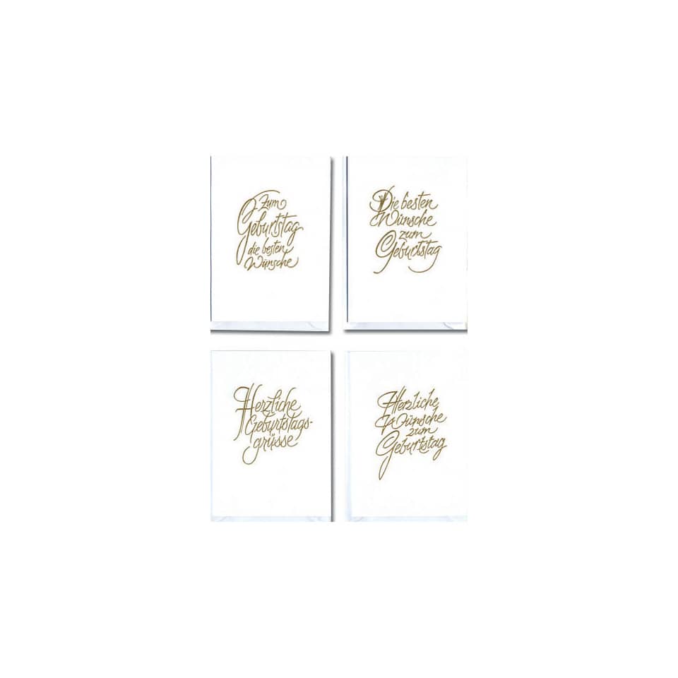 Grußkarten, Geburtstag, Goldschrift, Vier Karten, Weiß