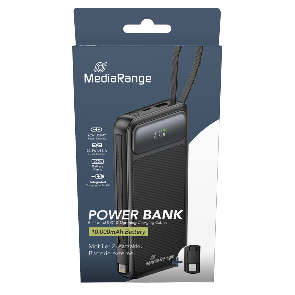 Power Bank, 10.000mAh, USB-C, Batterieanzeige, Integrierte Kabel