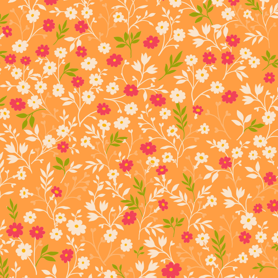 Blumenmuster, Orange Hintergrund, Weiße Blüten, Rosenrote Blüten, Grüne Blätter