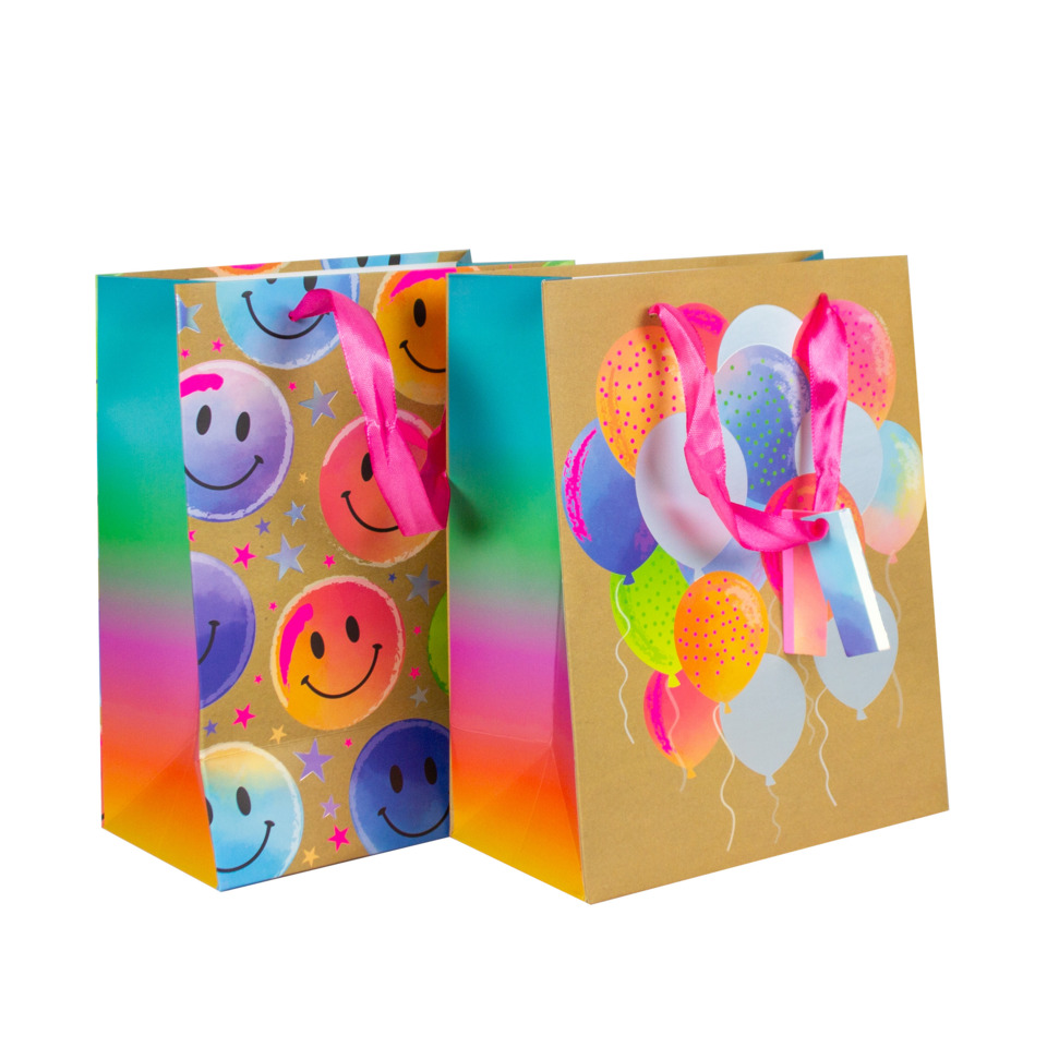 Geschenktasche, Ballon-Muster, Smileys-Muster, Papiertragetasche, Schleifenband