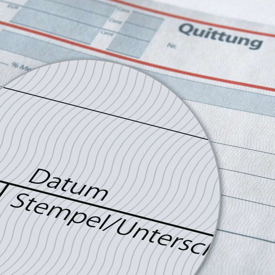 Quittung, Kassenbeleg, Datum, Stempel, Unterseite