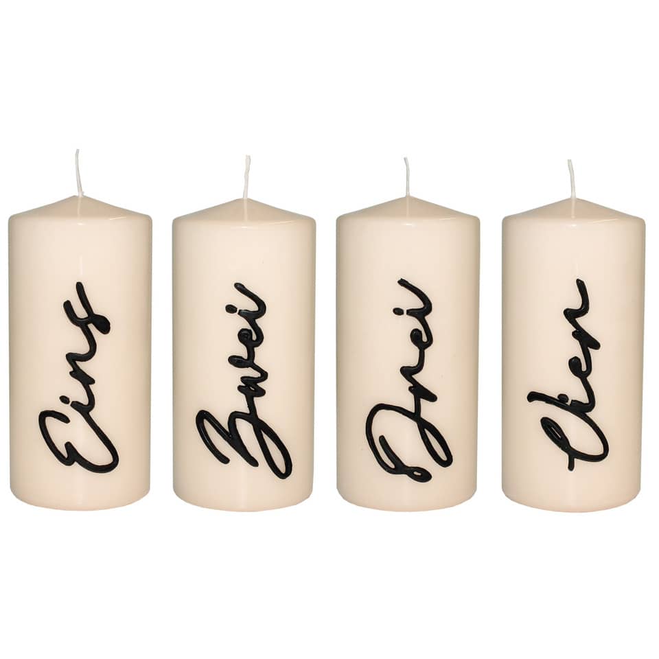 Kerzen, Stumpenkerzen, Beige, Schriftzug, Vierer-Set