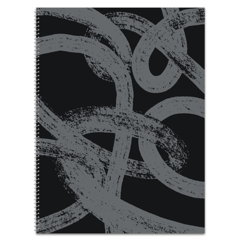 notebook, spiral-bound, abstract pattern, gray strokes, black cover