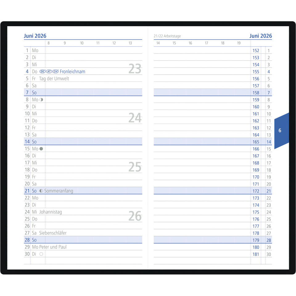 Kalender, Monatskalender, Woche, Juni, Seitenleiste