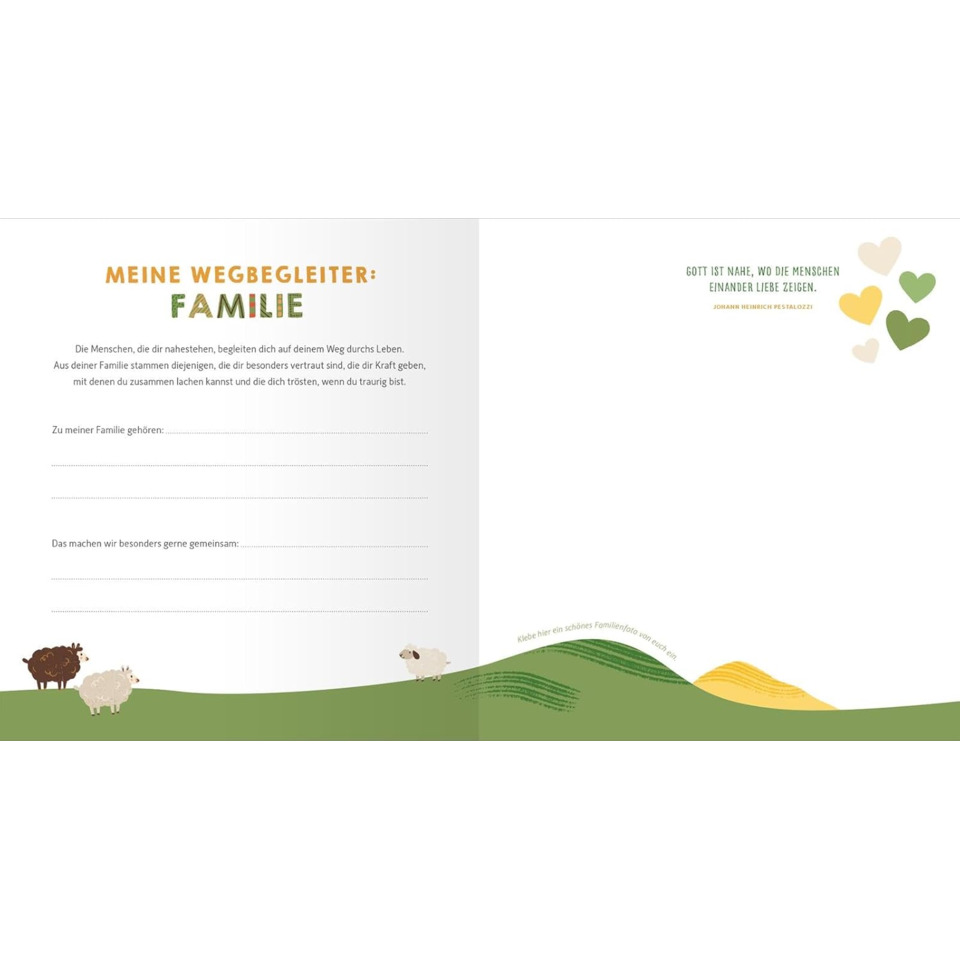 Familienfoto, Kinderbuch, Kartenlayout, Grüne Landschaft, Schafrheide