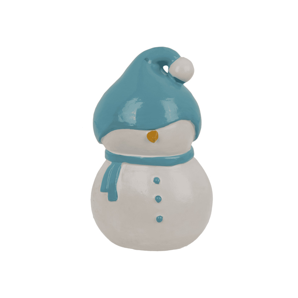 Schneemann, Dekofigur, Ton blau, Kleidungskragen, Herzknopf