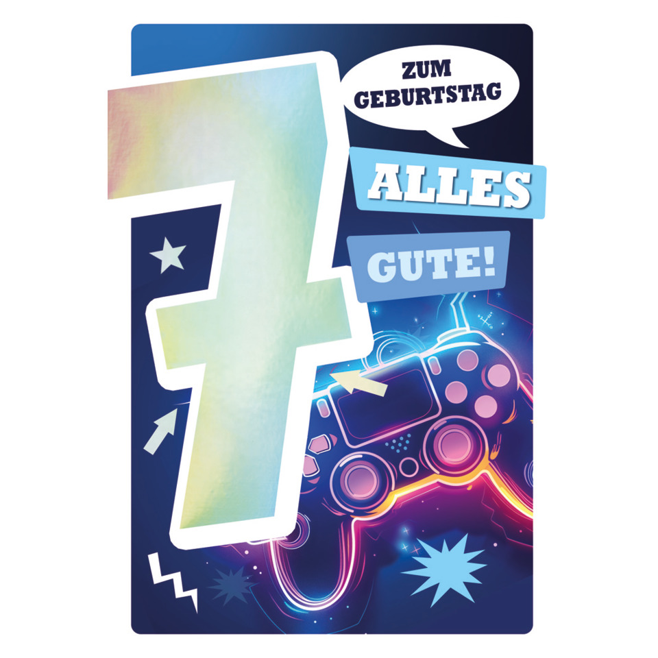 Grußkarte, Geburtstagskarte, Gaming-Thema, bunte Grafik, Kartenmotiv