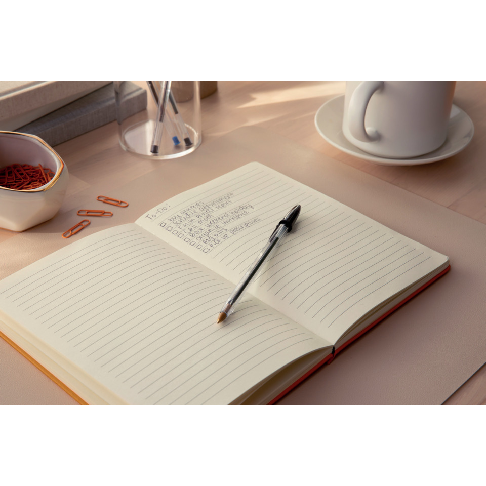 Notizbuch, Linienpapier, Tagebuch, Kugelschreiber, Kaffee-Becher