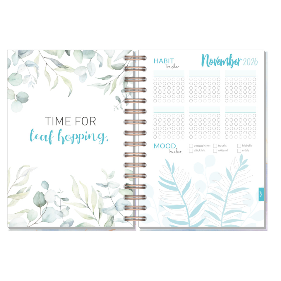 Planer, Notizbuch, Blätter Muster, Spiralbindung, Kalendergitter