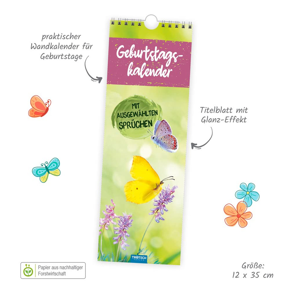 Wandkalender, Geburtstagskalender, Schmetterlinge, Tiere, Blumen