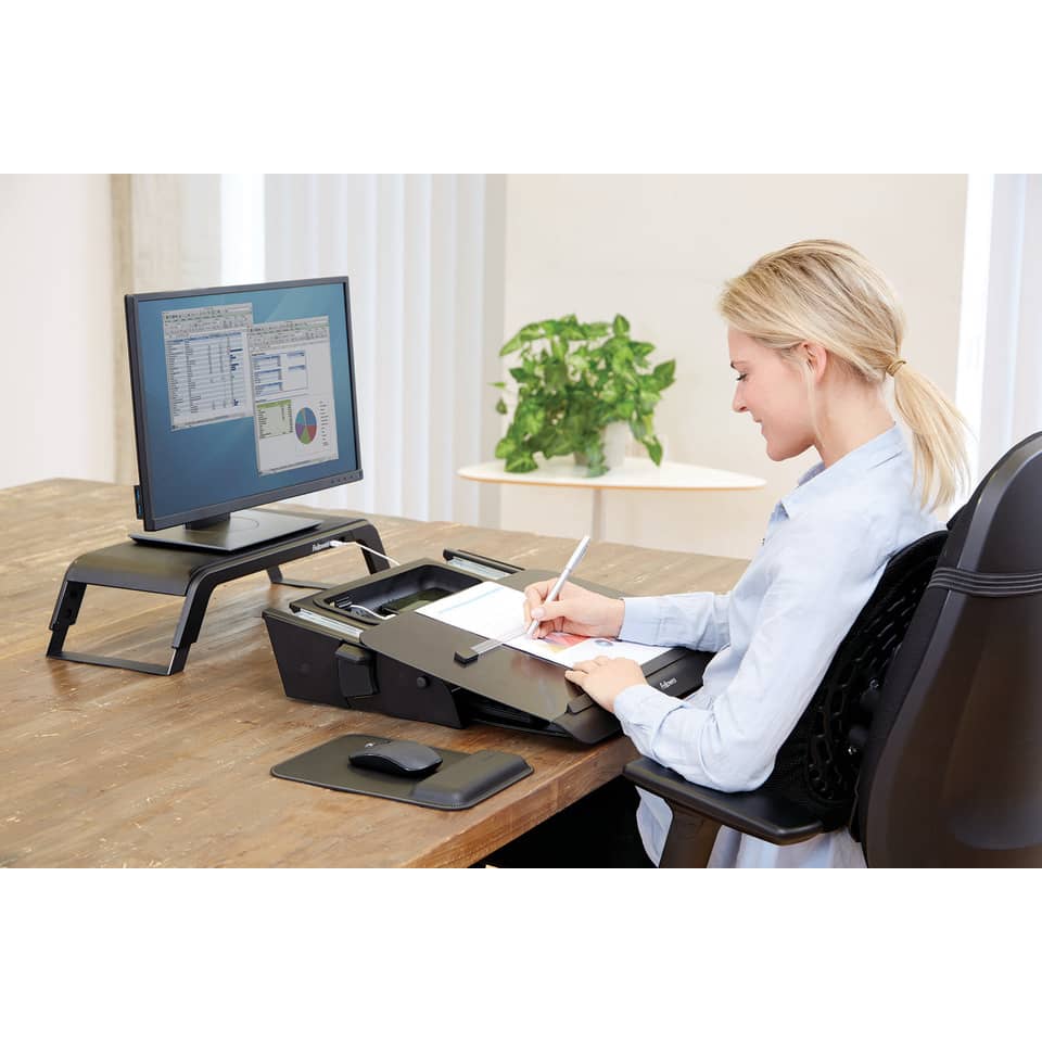 Büro, Schreibtisch, Monitor, Drucker, Frau