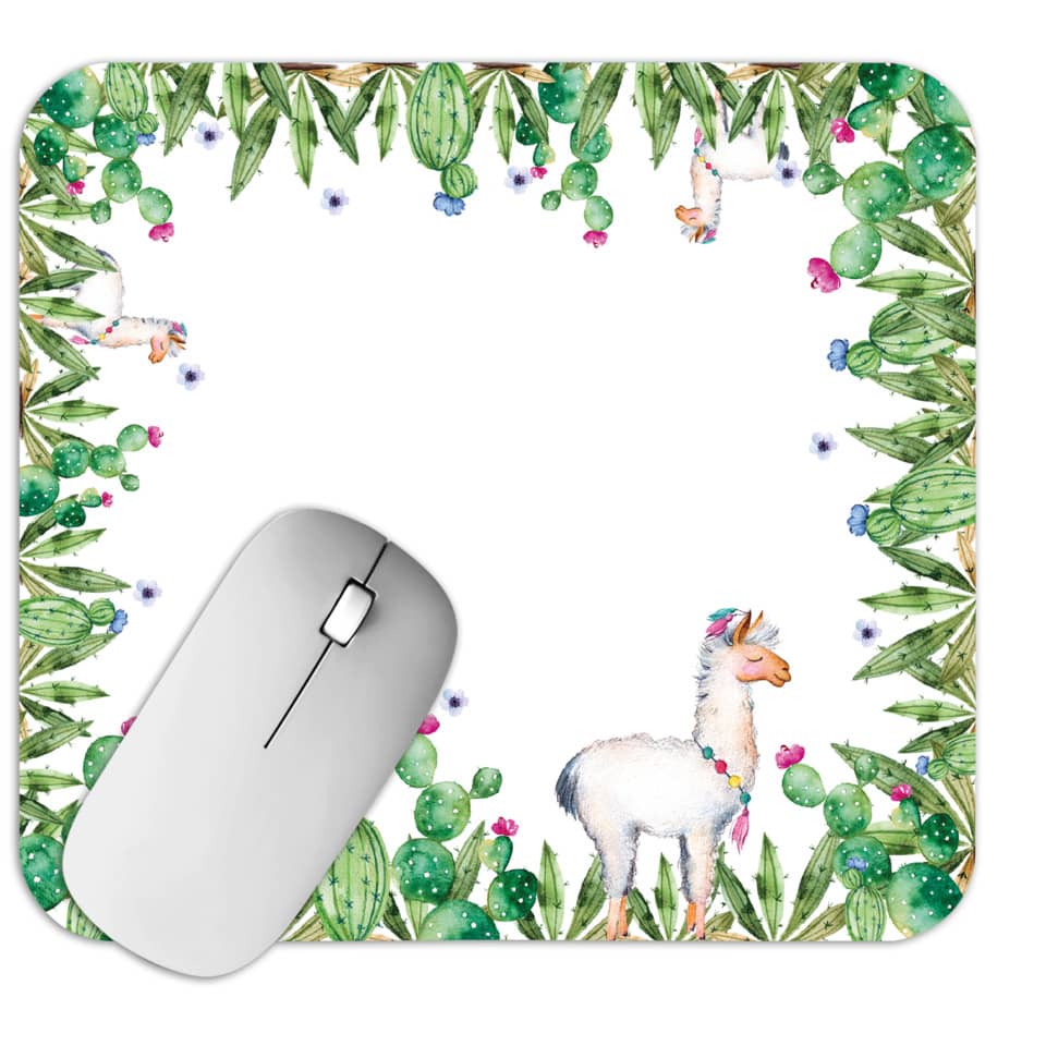 Mouse pad, White alpaca, Cactus border, Watercolor, Decorative frame