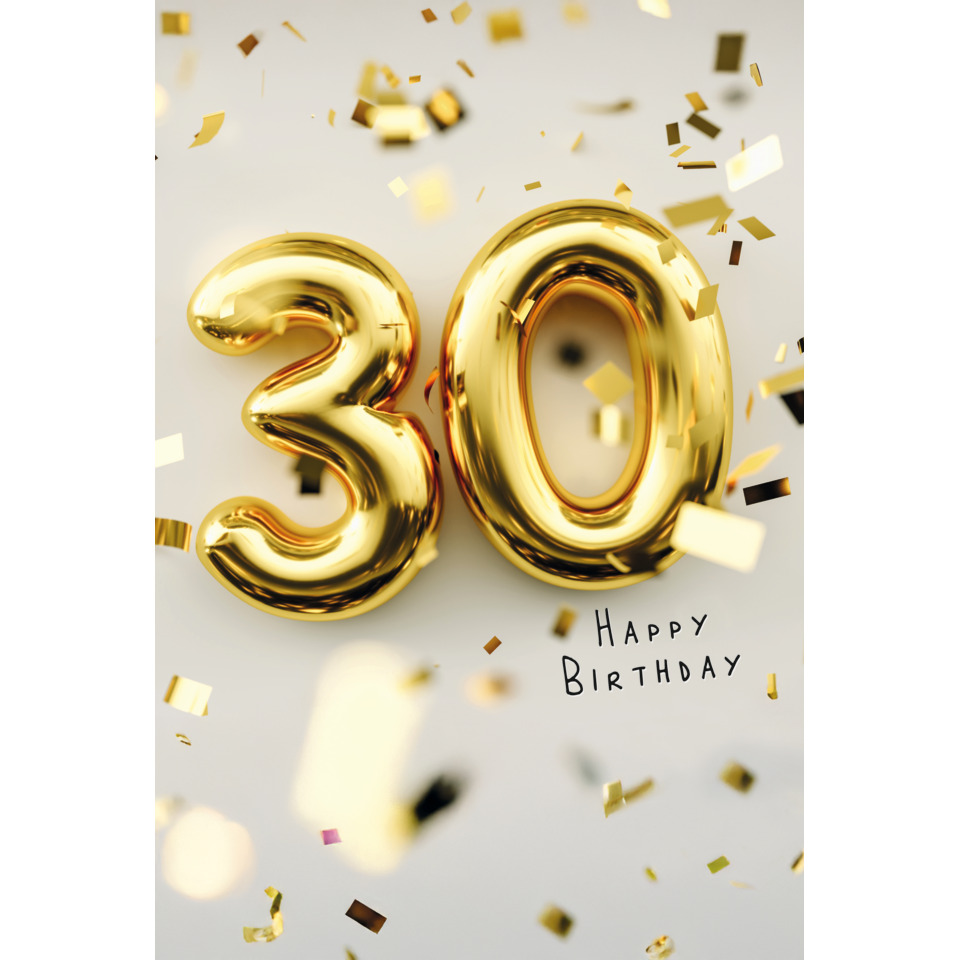 goldene balloons, 30. Geburtstag, Konfetti, goldene Farbe, Geburtstagsgrüße