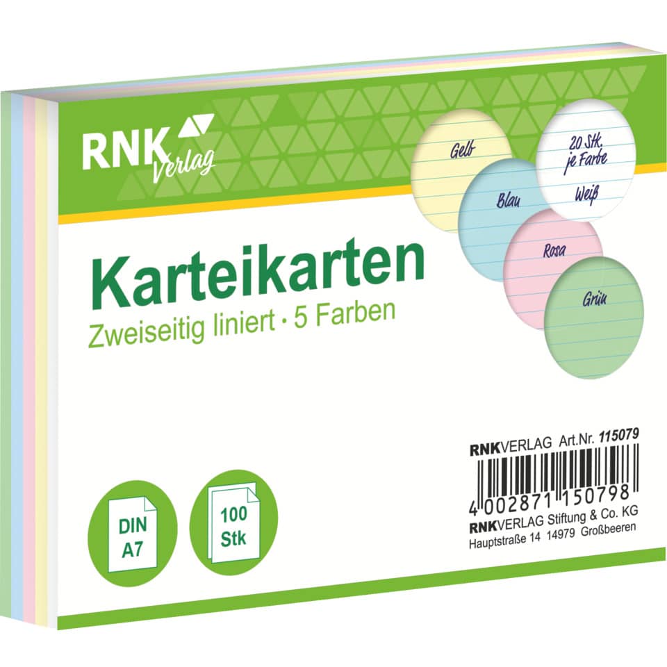 Karteikarten, Karten, DIN A7, 100 Stk, Farbsets