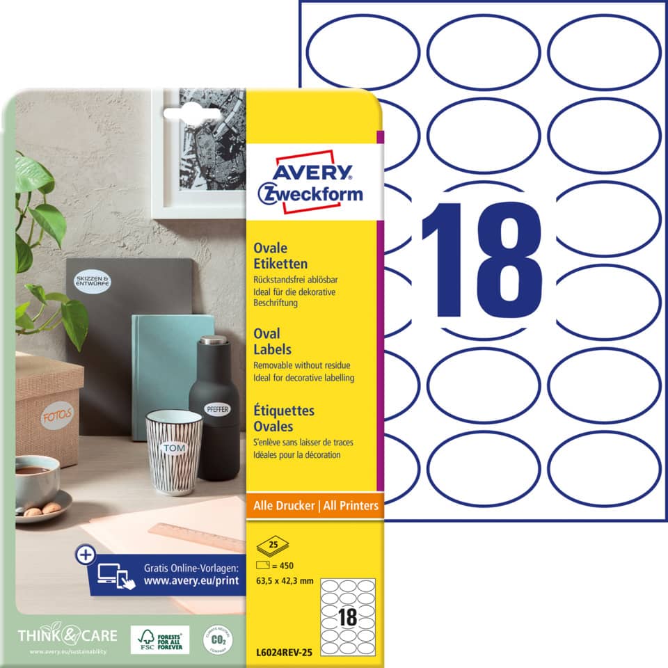  oval stickers,  etikettenblätter,  druckbögen,  think & care,  Avery etiketten