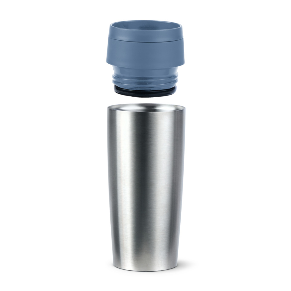 Reisebecher, Edelstahl, isoliert, blauer Deckel, Dichtungsring