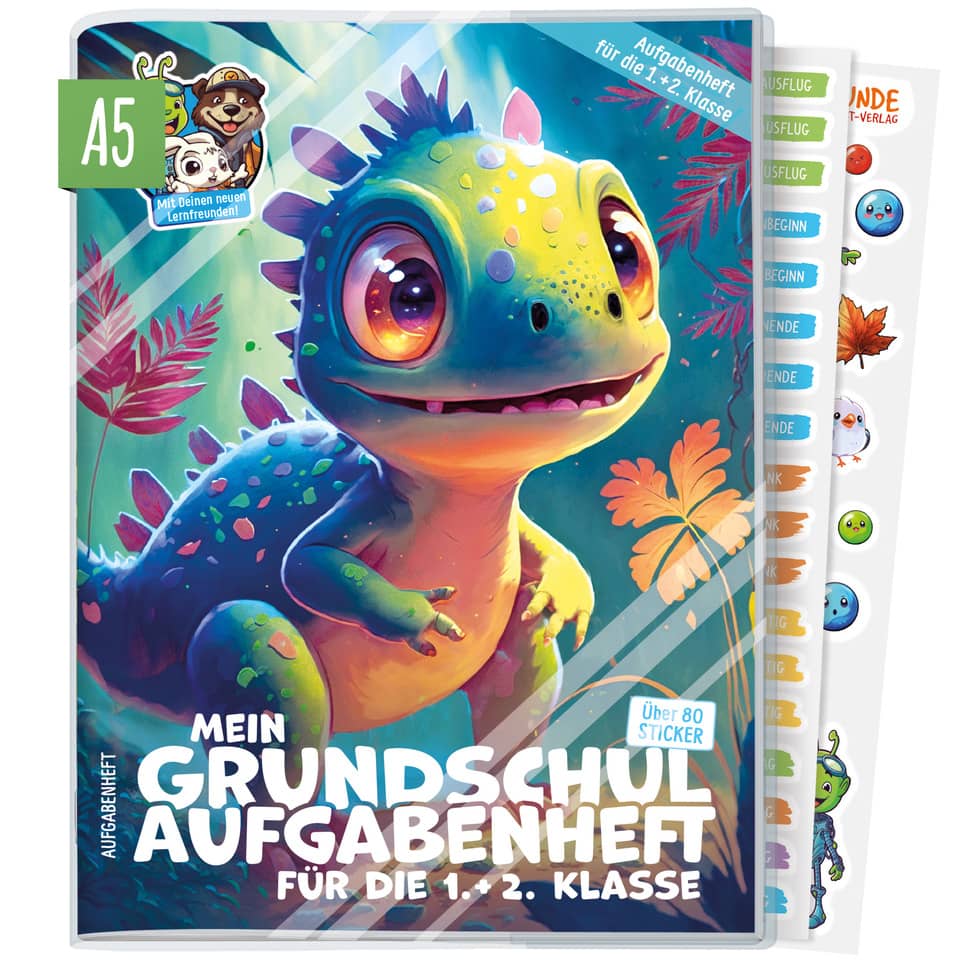 Grundschule, Aufgabenheft, Lernheft, Tierartiges Monster-Design, A5 Größe
