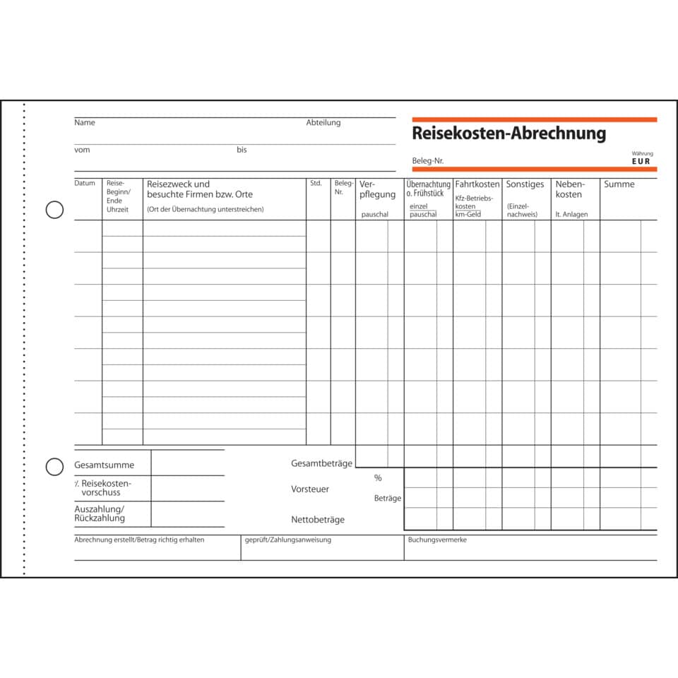 Reisekosten-Abrechnung, Beleg-Nr., Spesen, Formular, Kostenstellen