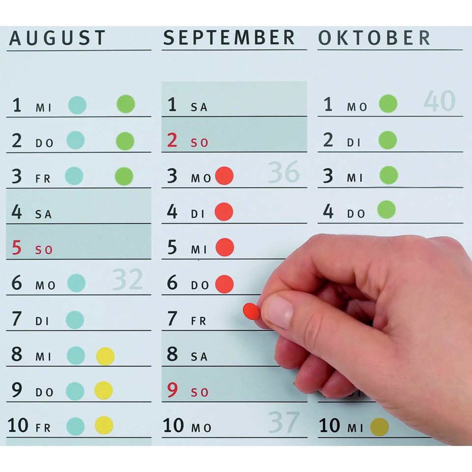 kalender, datum, monat, hand, farbige-punkte