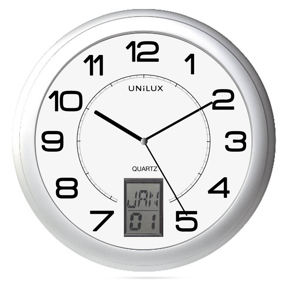 wanduhr, quarz, digitalanzeige, analog-digital-kombination, rahmen-silber, Wanduhr, Quarz, Analoguhr, Digitalanzeige, Silber