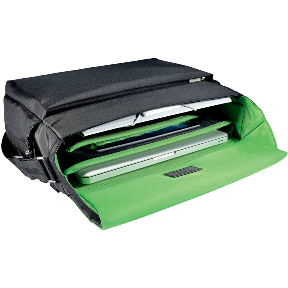 Messenger Bag, Laptop Sleeve, Green Interior, Black Exterior, Padding Compartments