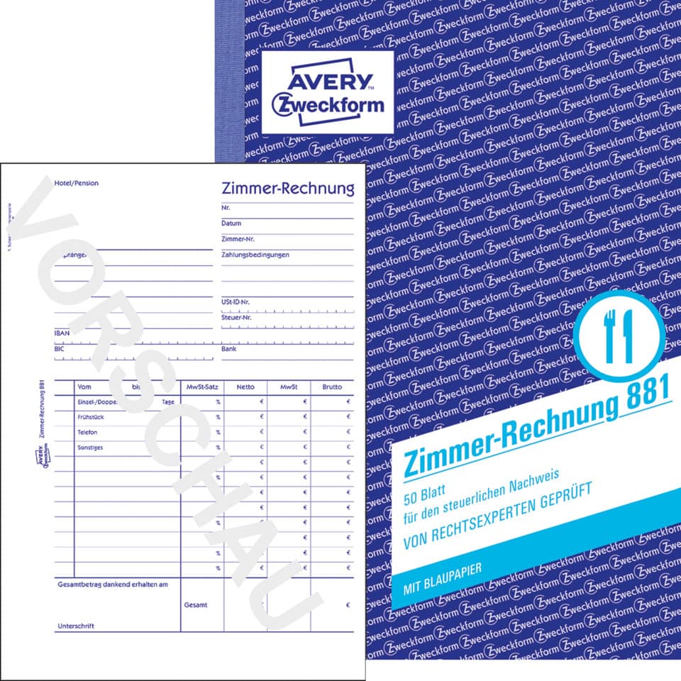 bunte Papptafel, Betriebsrechnung, Zimmer-Rechnung, Buchungsvordruck, Papierformular