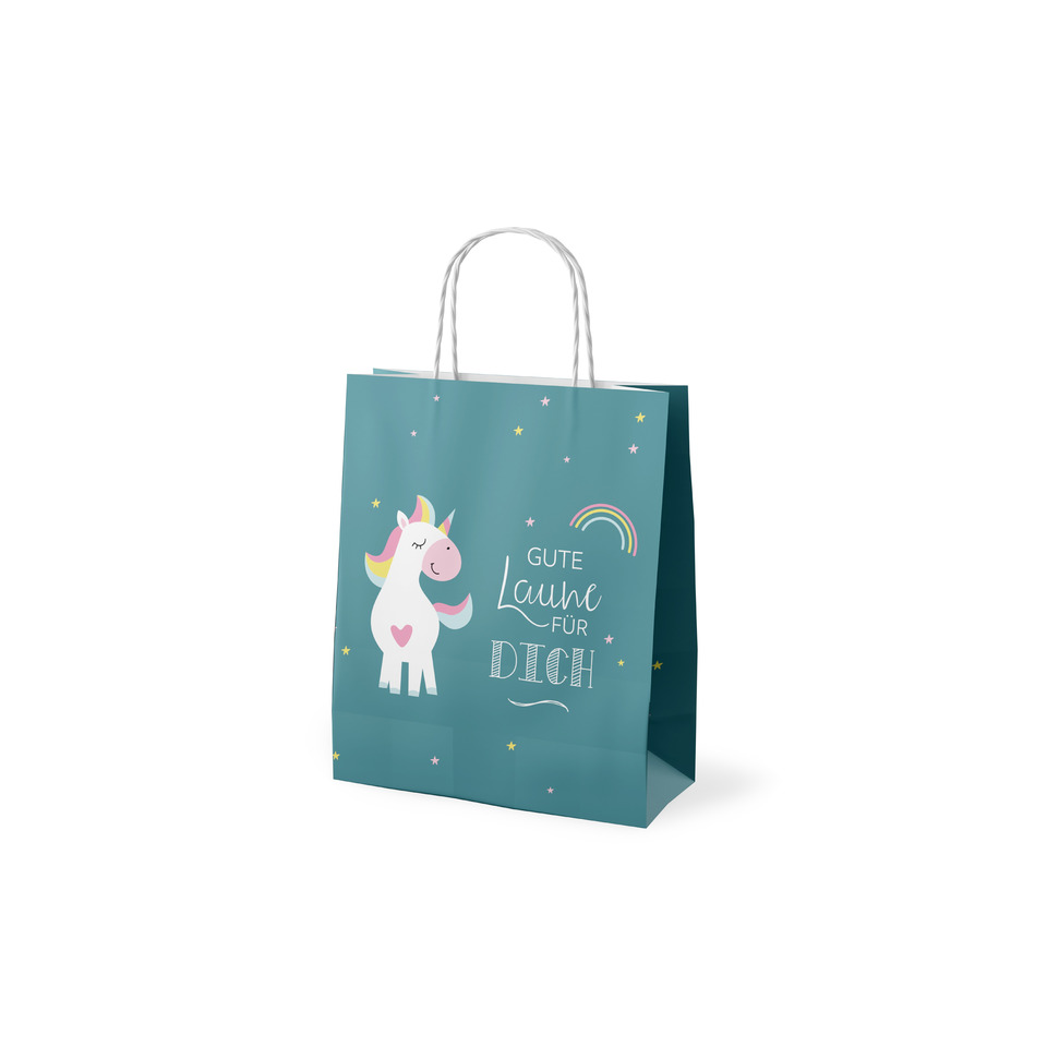 Einwegtasche, Geschenkbeutel, Unicorn, Muster: Regenbogen, Stofffahne oder Henkel: Schnur