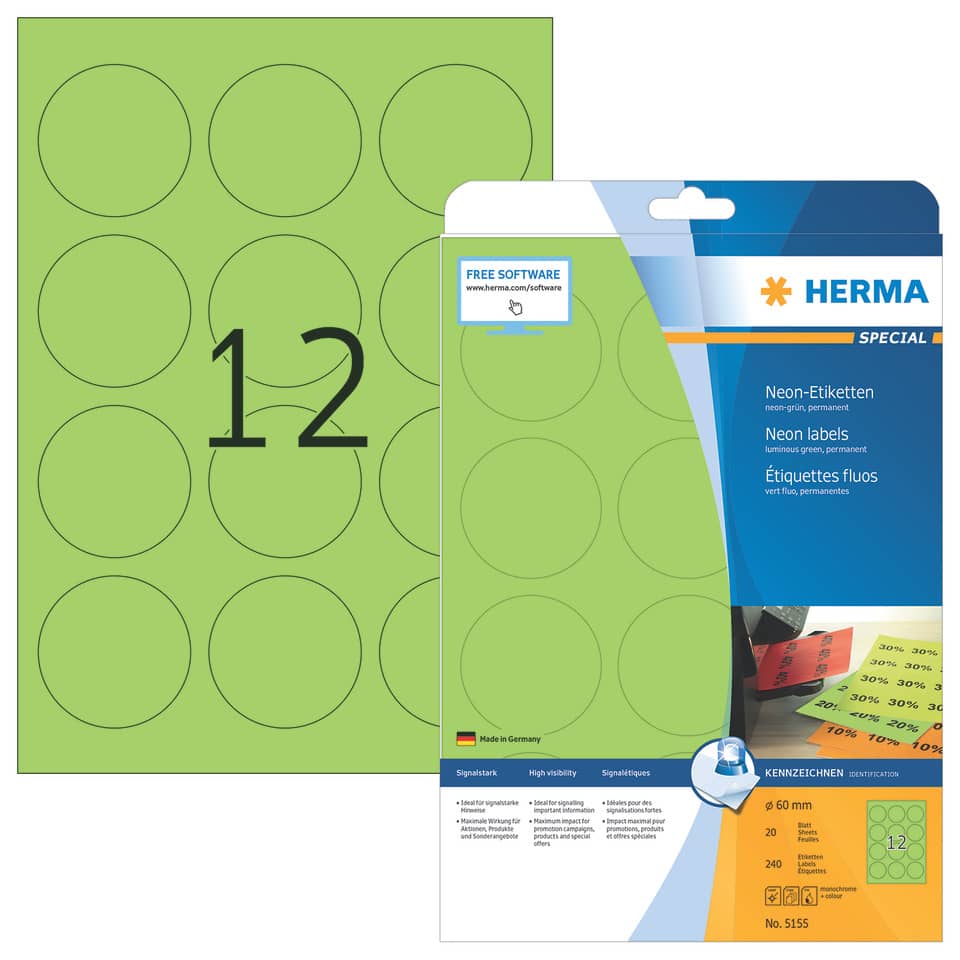 neon etiketten, etikettenringe, grüne kreise, 12 muster, herma verpackung