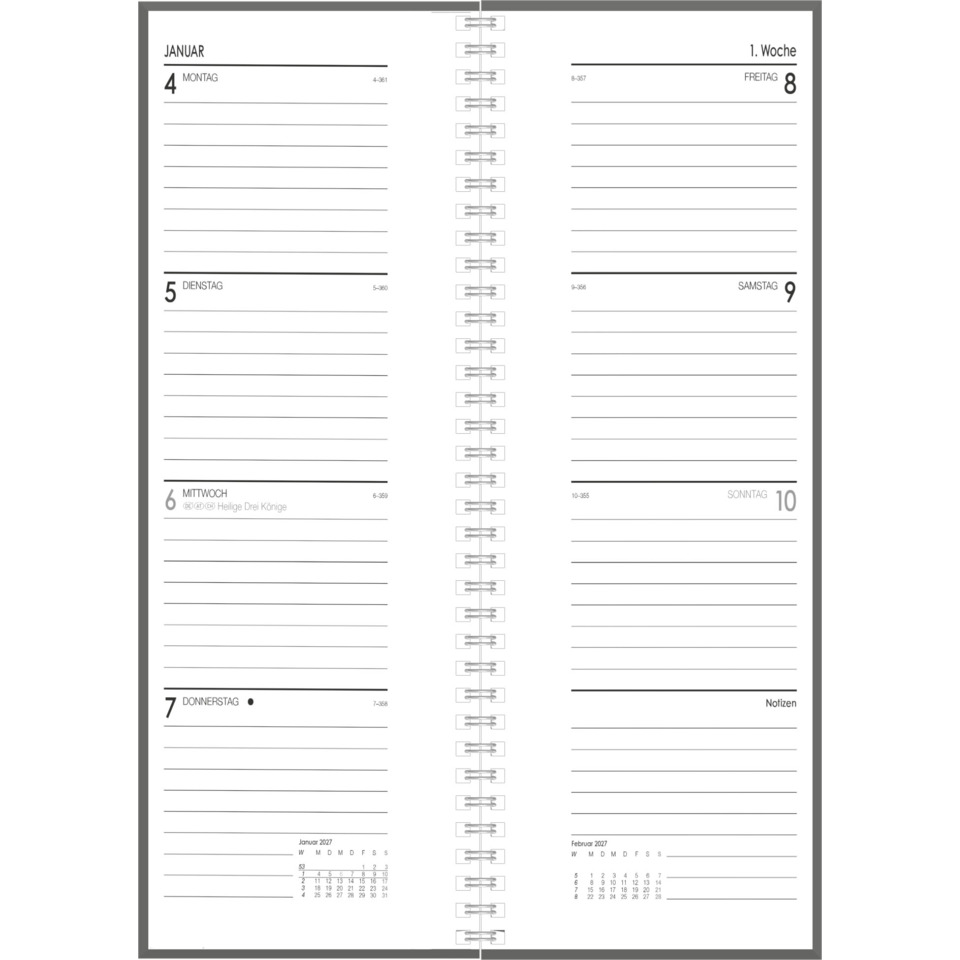 Spiralbindung, Terminkalender, Wochentage, Kalendertage, Notizen