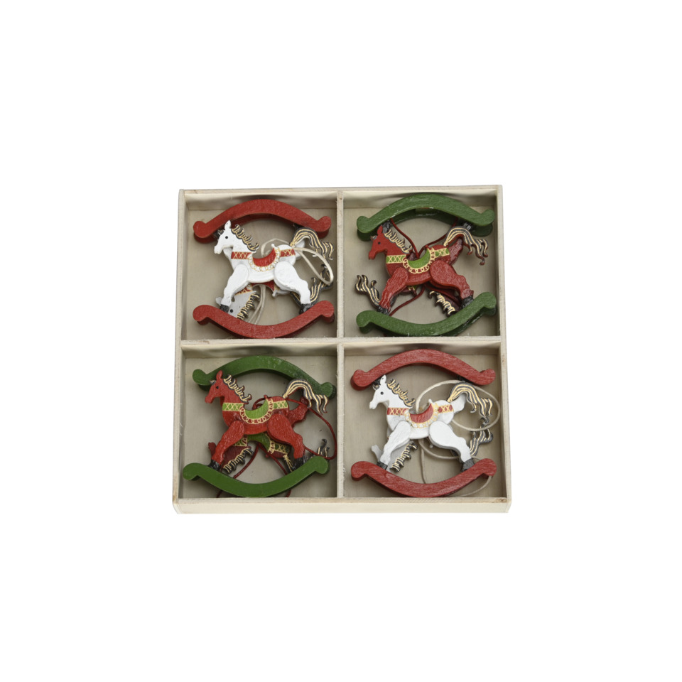 Hingebucher Pferde, Holzspielzeug, Schlittenfiguren, rot-grün, Boxen-Set